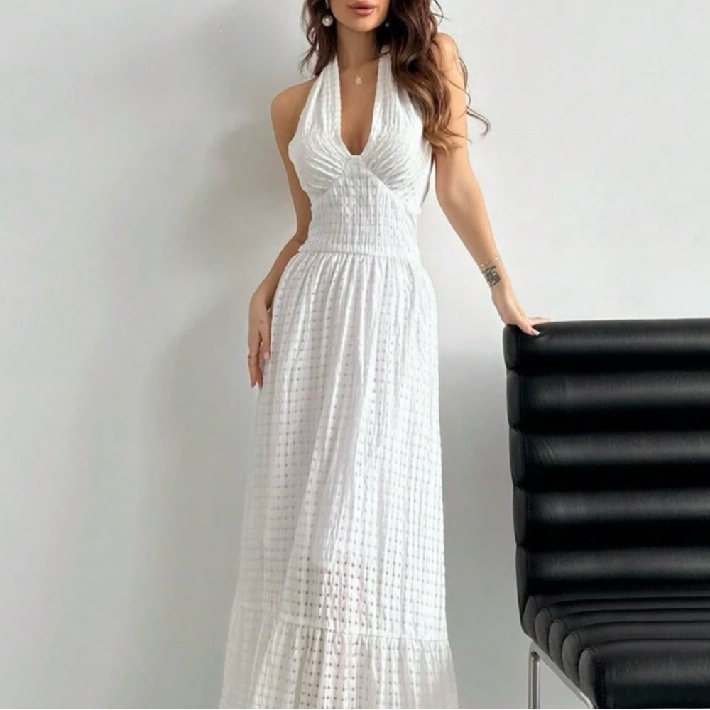 Aloruh Romantic Date Halter Neck with Ruffle Hemline White Sun Maxi Dress